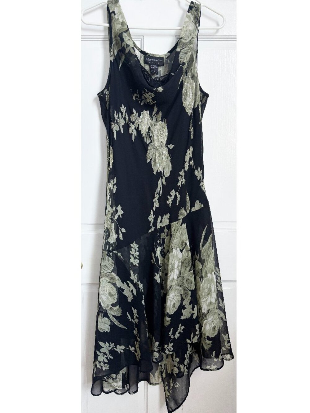 Vintage Dress Black Sheer Beaded Floral Fairy White Green Connected Apparel XL